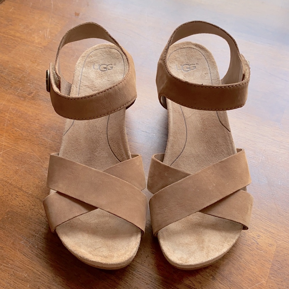 UGG® Leather Ankle Strap Wedge Sandals